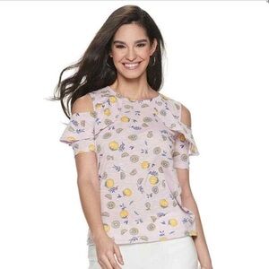 Juicy Couture Top Blue Lemons Tee Cold Shoulder Jersey Drop SS Tee | NWT Small